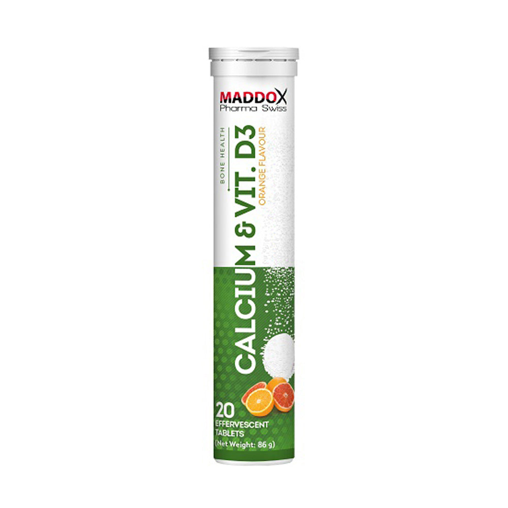 Maddox Pharma Swiss Calcium & Vit D3-20Effervescent Tablets-20Serv.-86G.-Orange