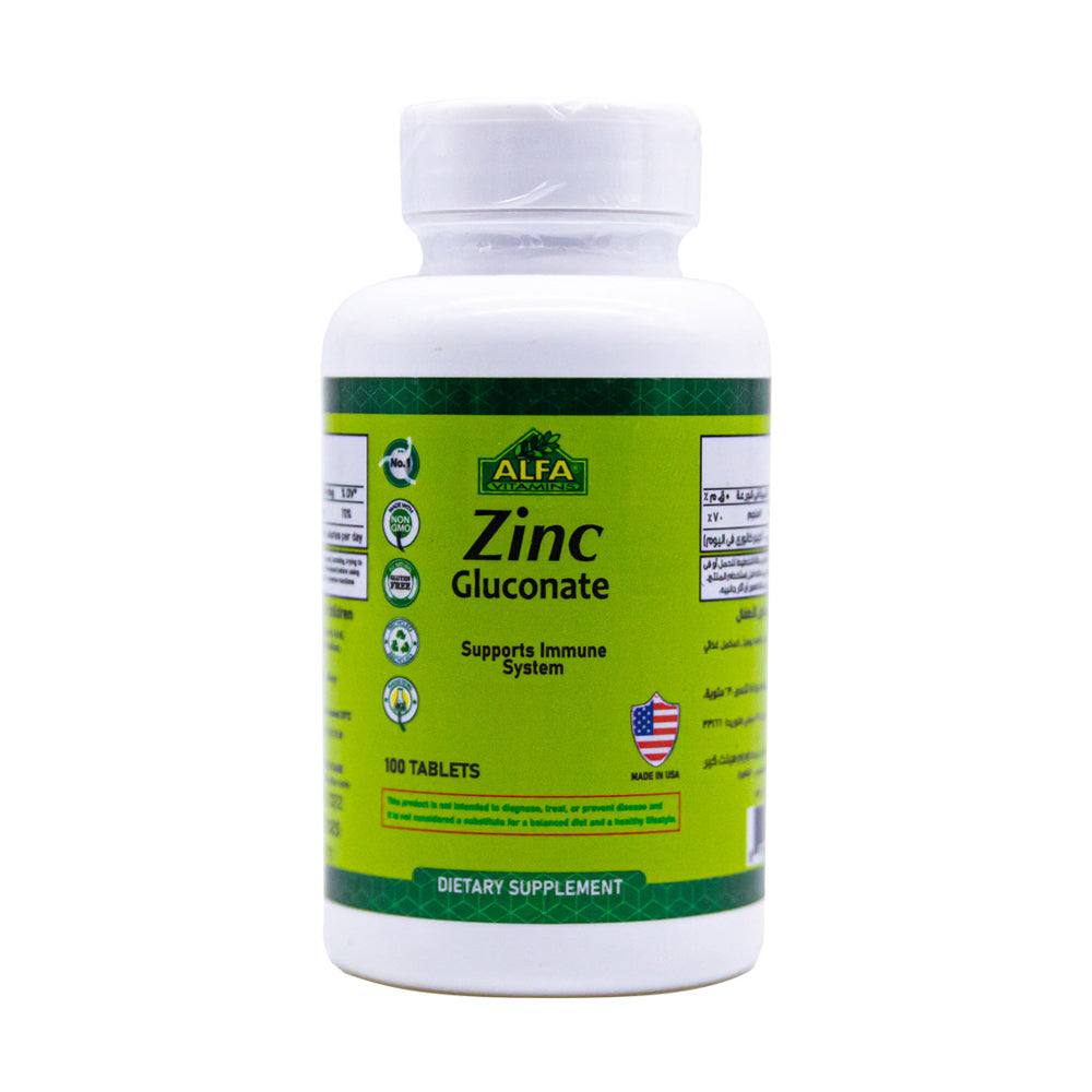 Alfa Vitamins Zinc Gluconate Supports Immune System-100Serv.-100Tablets
