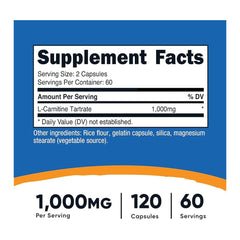 Nutricost  L-Carnitine Tartrate 1000 MG-60 Serv -120 Capsules