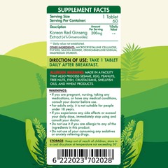 Organic Nation Red Korean Ginseng-60Serv.-60Coated Tablets